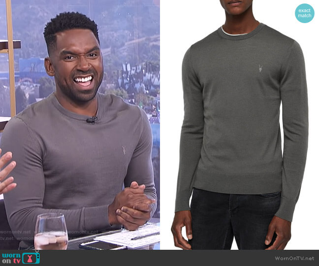 All Saints Mode Slim Fit Merino Wool Sweater worn by Justin Sylvester on E! News