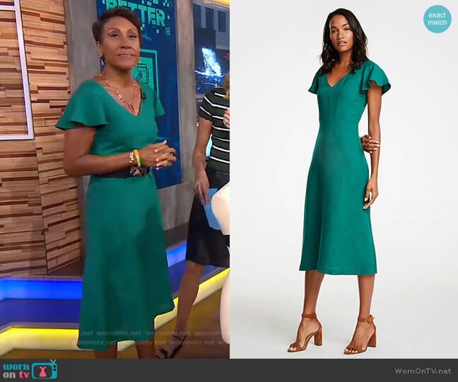 Ann Taylor Flutter Sleeve Linen Blend Midi Dress worn by Robin Roberts on Good Morning America