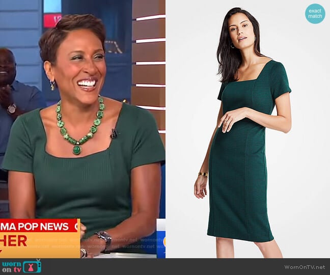 Ann Taylor Plaid Square Neck Sheath Dress worn by Robin Roberts on Good Morning America