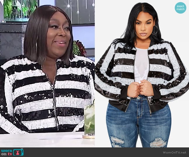 Ashley Stewart Striped Sequin Bomber Jacket worn by Loni Love on The Real