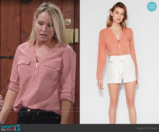 Express Long Sleeve Two Pocket Zip Front Shirt worn by Sharon Newman (Sharon Case) on The Young and the Restless