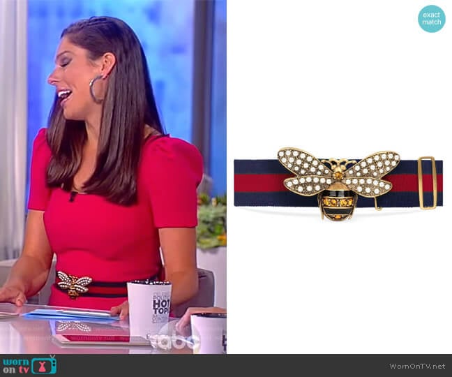Gucci Embellished Bee Clasp Web Stripe Belt worn by Abby Huntsman on The View