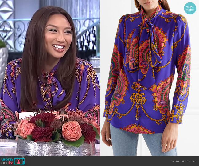 Gucci Treasure pussy-bow blouse worn by Jeannie Mai on The Real