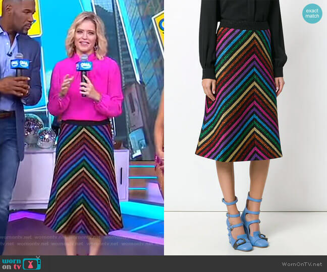 Gucci Metallic Striped Knit Skirt worn by Sara Haines on Good Morning America