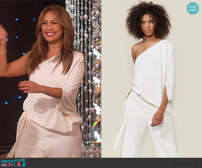 Halston Heritage One-Shoulder Draped Stretch Crepe Jumpsuit worn by Carrie Inaba on The Talk