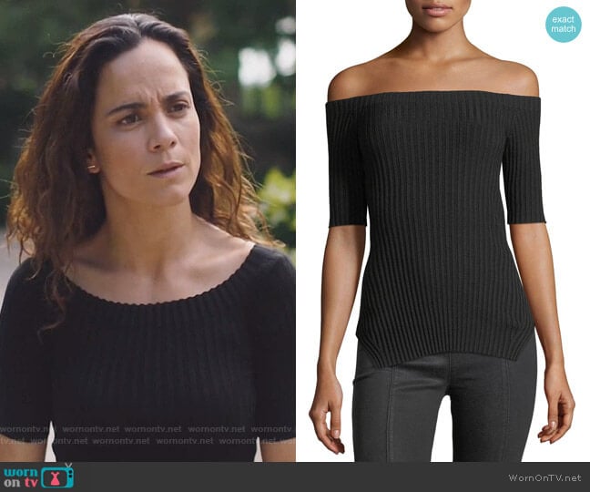 Helmut Lang Off-the-Shoulder Short-Sleeve Ribbed Silk Top worn by Teresa Mendoza (Alice Braga) on Queen of the South