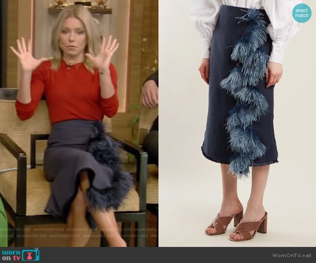 Johanna Ortiz High-Rise Feather-Embellished Midi Skirt worn by Kelly Ripa on Live with Kelly and Mark