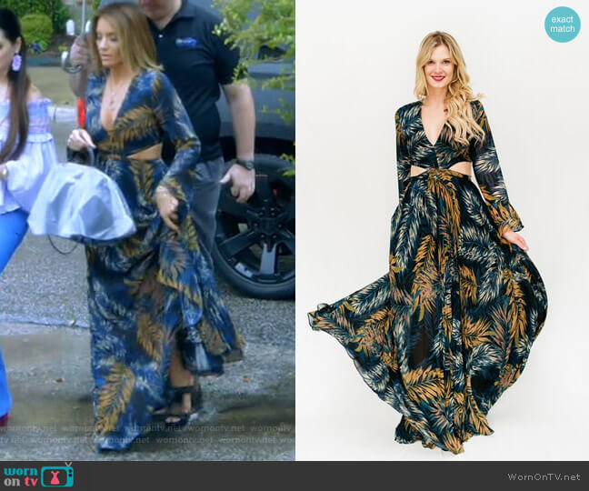 Brandi Land Long Sleeve Tropical Cutout Dress worn by Cary Deuber on The Real Housewives of Dallas