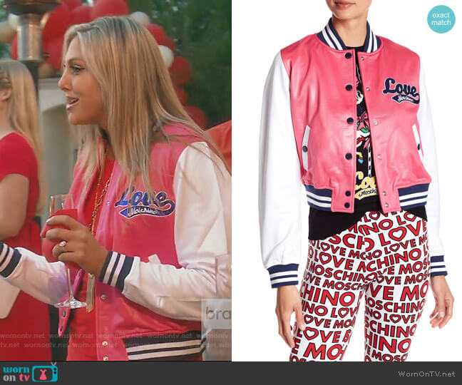 Moschino Leather Colorblock Jacket worn by Gina Kirschenheiter on The Real Housewives of Orange County