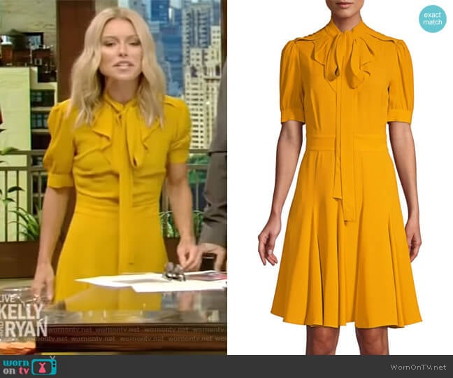Michael Kors Silk Tie-Neck A-Line Dress worn by Kelly Ripa on Live with Kelly and Mark