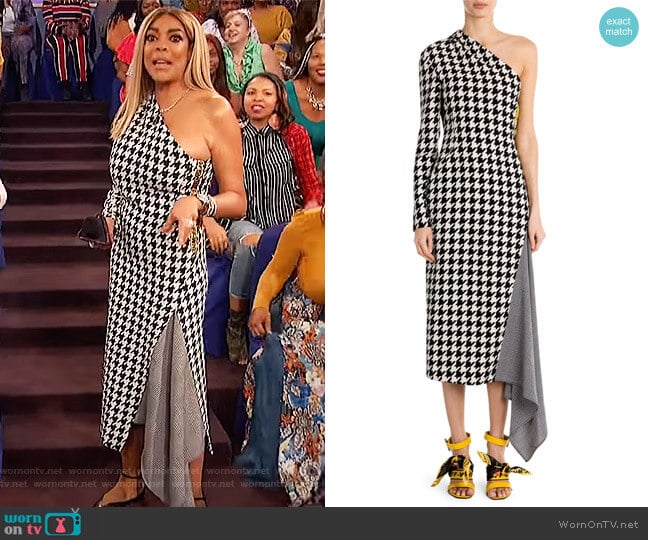 Off-White One-Shoulder Long-Sleeve Houndstooth Fitted Dress worn by Wendy Williams on The Wendy Williams Show