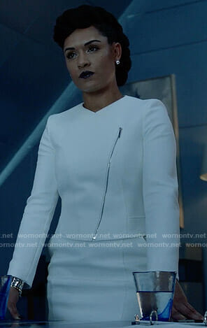Reeva’s white zip front jacket on The Gifted