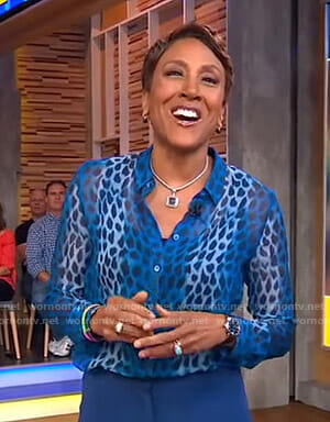 Robin’s blue printed sheer blouse on Good Morning America