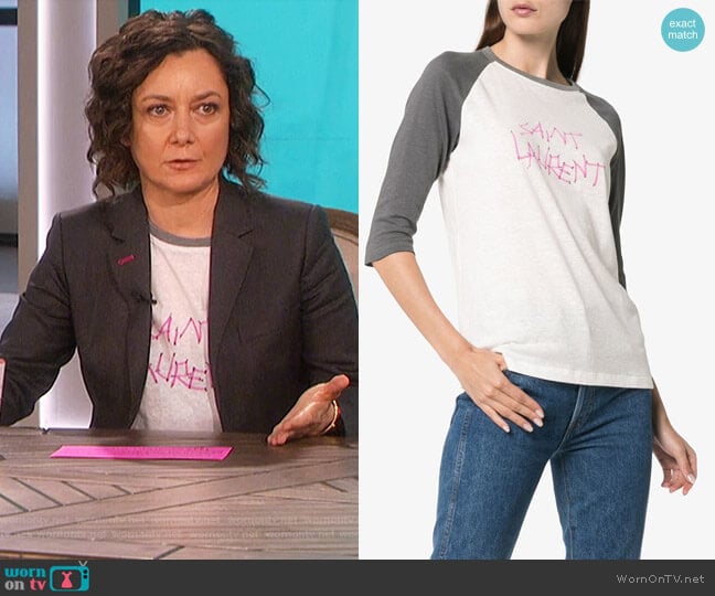 Saint Laurent Logo Baseball T-Shirt worn by Sara Gilbert on The Talk