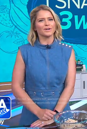 Sara’s blue grommet dress with buttons on GMA Day