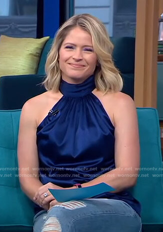 Sara’s blue halter neck top on GMA Day