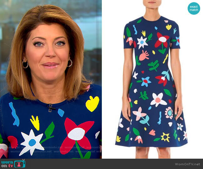 Carolina Herrera Short Sleeve Floral Knit Dress worn by Norah O'Donnell on CBS Mornings
