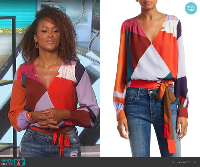 Tanya Taylor Klara Silk Wrap Blouse worn by Eve on The Talk