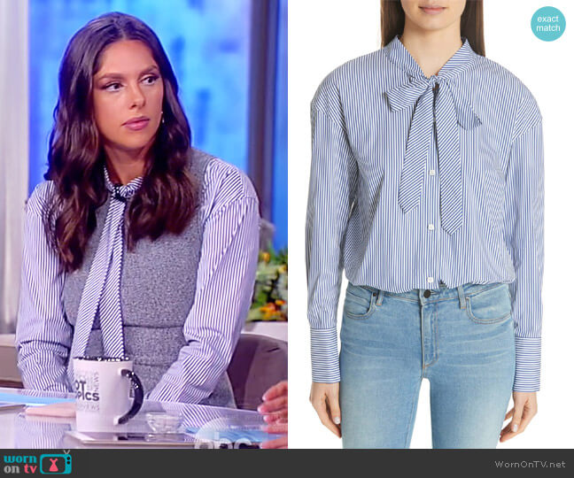 Theory Tie Neck Stripe Cotton Blend Top worn by Abby Huntsman on The View