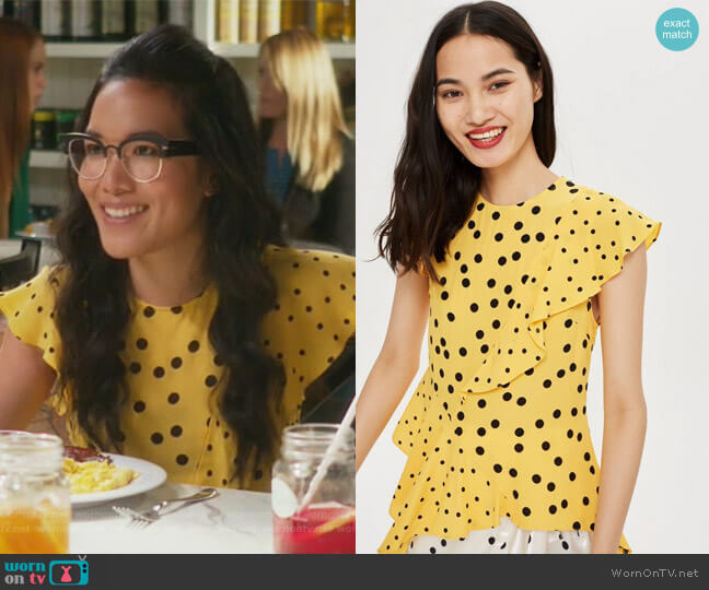 Topshop Mixed Spot Print Asymmetric Blouse worn by Doris (Ali Wong) on American Housewife
