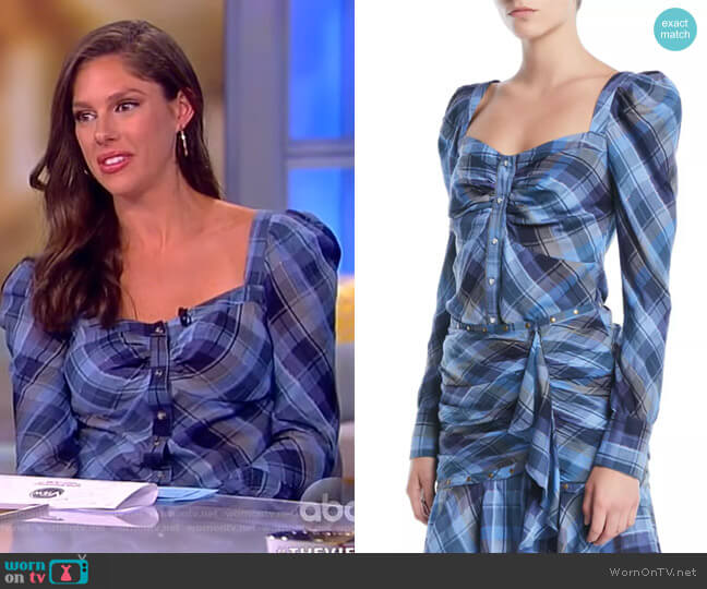 Veronica Beard Frankie Plaid Puff-Sleeve Button-Front Top worn by Abby Huntsman on The View