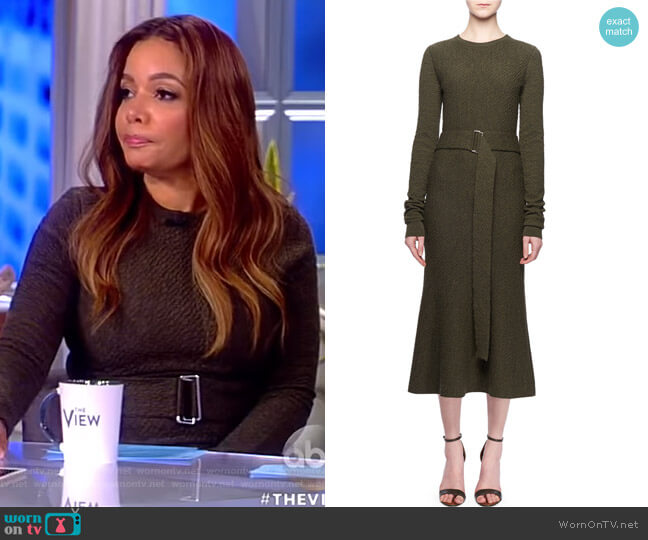 Victoria Beckham Jewel-Neck Long-Sleeve Belted A-Line Wool Midi Dress worn by Sunny Hostin on The View