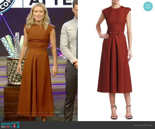 Victoria Beckham Technical Belted A-Line Midi Dress worn by Kelly Ripa on Live with Kelly and Mark