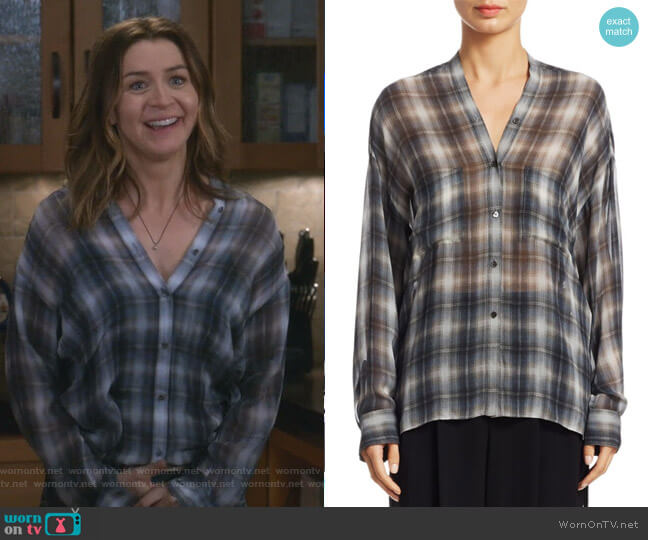 Vince Shadow Plaid Silk Blouse worn by Amelia Shepherd (Caterina Scorsone) on Greys Anatomy
