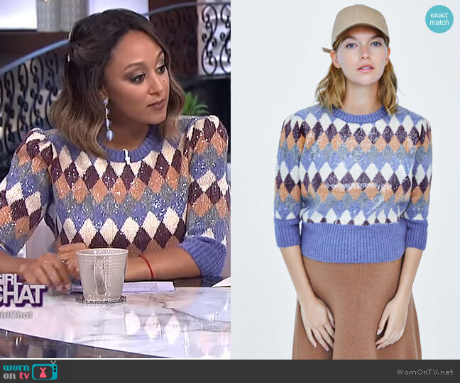 Zara Special Edition Sequin Argyle Sweater worn by Tamera Mowry on The Real