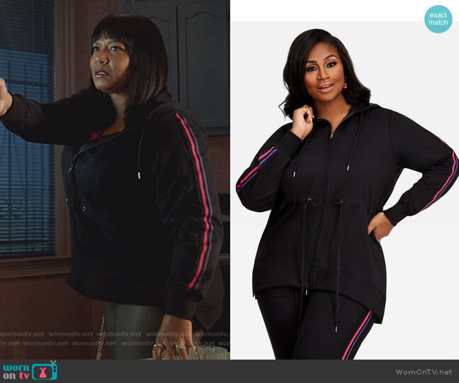 Ashley Stewart Striped Sleeve Anorak Zip Hoodie worn by Carlotta Brown (Queen Latifah) on Star