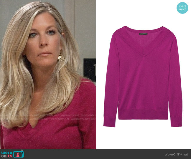 Banana Republic Silk Cashmere Varsity V-Neck Sweater worn by Carly Spencer (Laura Wright) on General Hospital