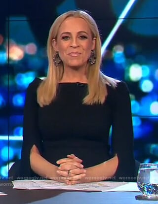 Carrie’s black off shoulder split cuff dress on The Project