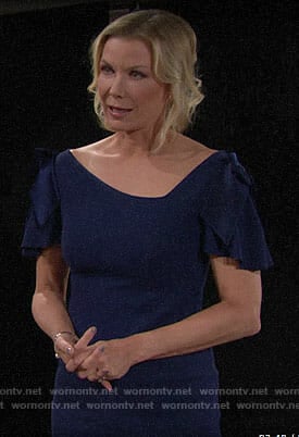 Brooke’s navy bow-shoulder dress on The Bold and the Beautiful