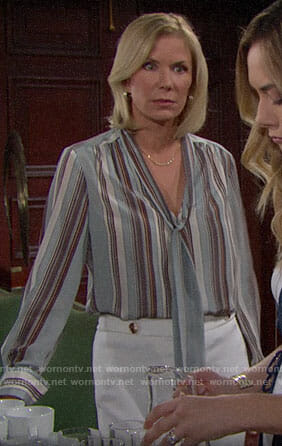 Brooke’s blue striped tie-neck blouse on The Bold and the Beautiful