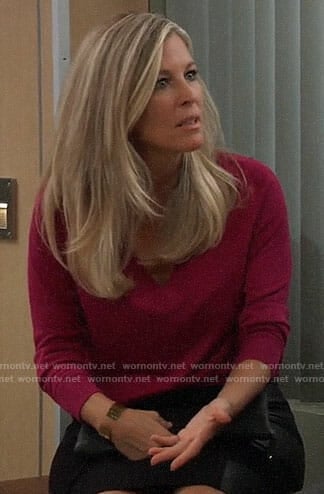 Carly’s pink v-neck sweater and leather panel skirt on General Hospital