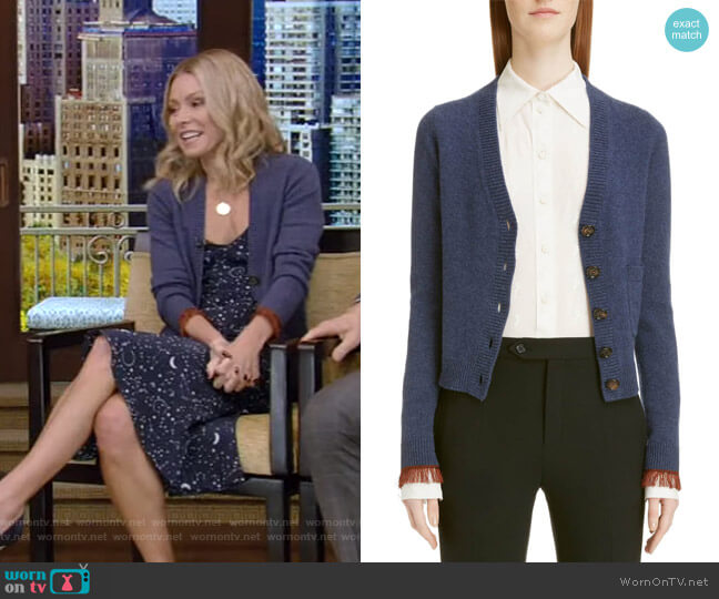 Chloe Fringe Cuff Cashmere Cardigan worn by Kelly Ripa on Live with Kelly and Mark