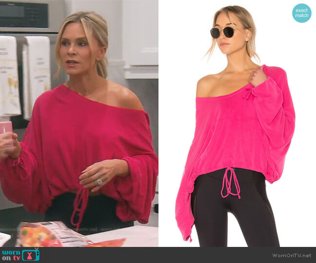 Free People V-Neck Yella Knit Hoodie worn by Tamra Judge on The Real Housewives of Orange County