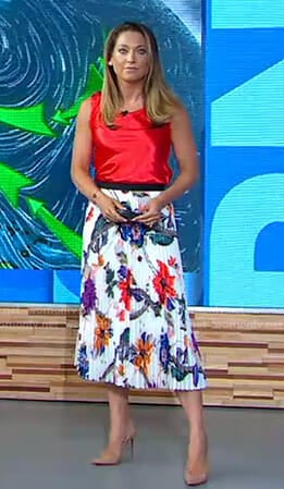 Ginger’s red sleeveless top and floral pleated skirt on Good Morning America