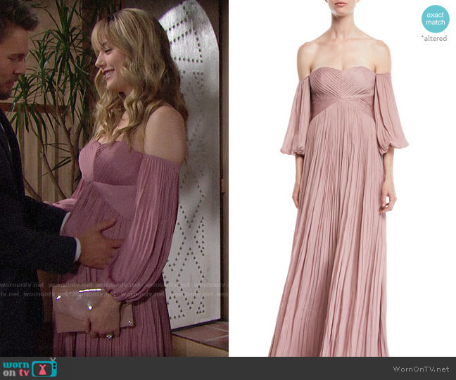 Halston Heritage Off-the-Shoulder Pleated Gown worn by Hope Logan (Annika Noelle) on The Bold and the Beautiful