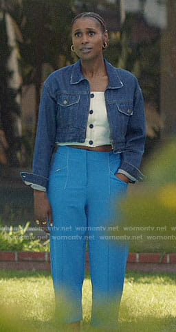 Issa’s white button front top and denim jacket on Insecure
