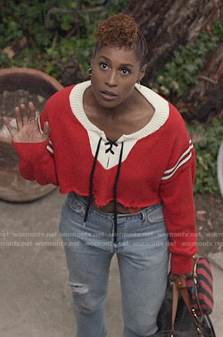 Issa’s red lace-up cropped sweater on Insecure