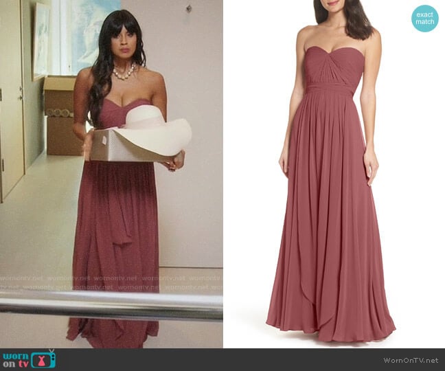 Jenny Yoo Mira Gown in Cinnamon Rose worn by Tahani Al-Jamil (Jameela Jamil) on The Good Place