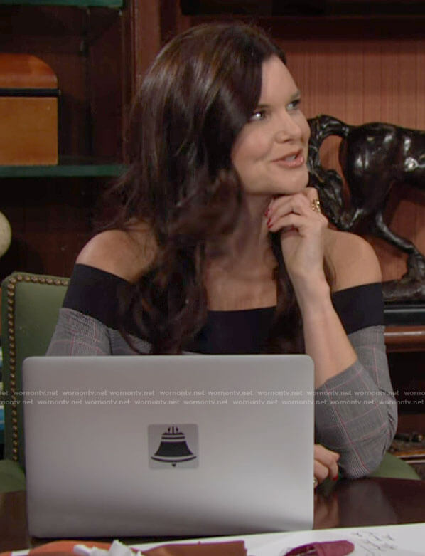 Katie’s grey off-shoulder dress on The Bold and the Beautiful