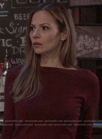 Kim’s burgundy bell-sleeve sweater on General Hospital