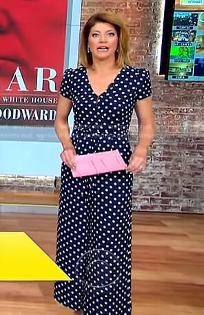 Norah’s navy polka dot jumpsuit on CBS This Morning