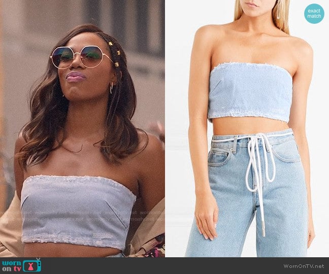 Off White Cropped distressed denim bustier top worn by Molly Carter (Yvonne Orji) on Insecure