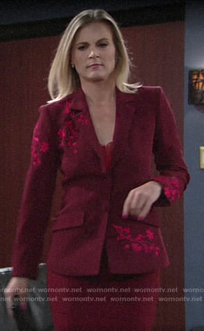 Phyllis’s red floral embroidered blazer on The Young and the Restless