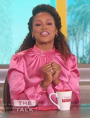Eve’s pink silk gathered blouse on The Talk