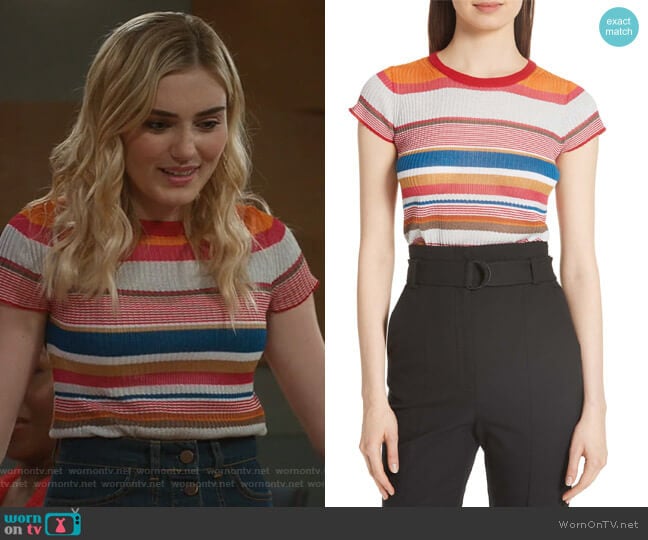 Rag & Bone Katie Metallic Stripe Tee worn by Taylor Otto (Meg Donnelly) on American Housewife