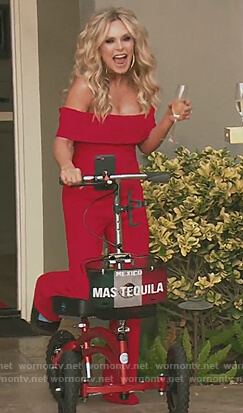 Tamra’s red folded off shoulder jumpsuit on The Real Housewives of Orange County